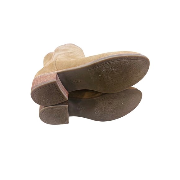 UGG Western Ankle Boots Cowgirl Tan Suede Round Toe Block Heel Casual Shoe Boho - Picture 12 of 15